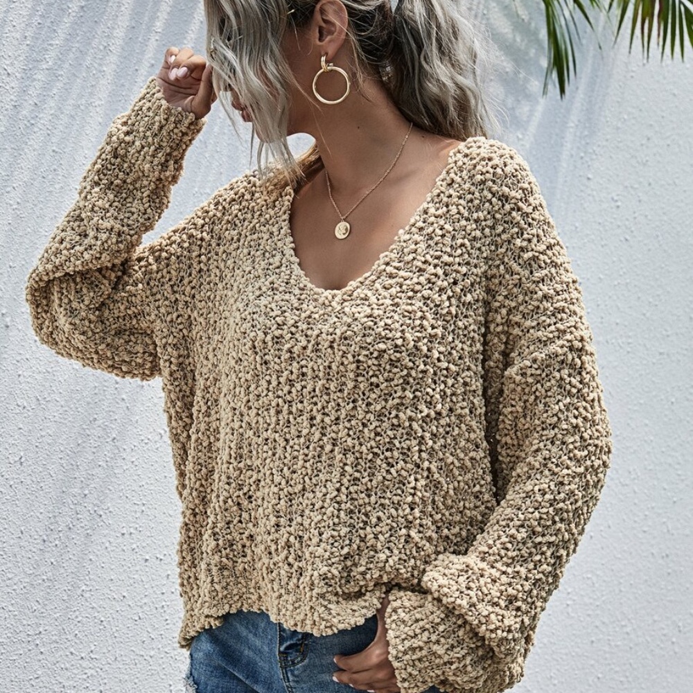 oversized dusty blue off shoulder popcorn sweater - Picture 9 of 14